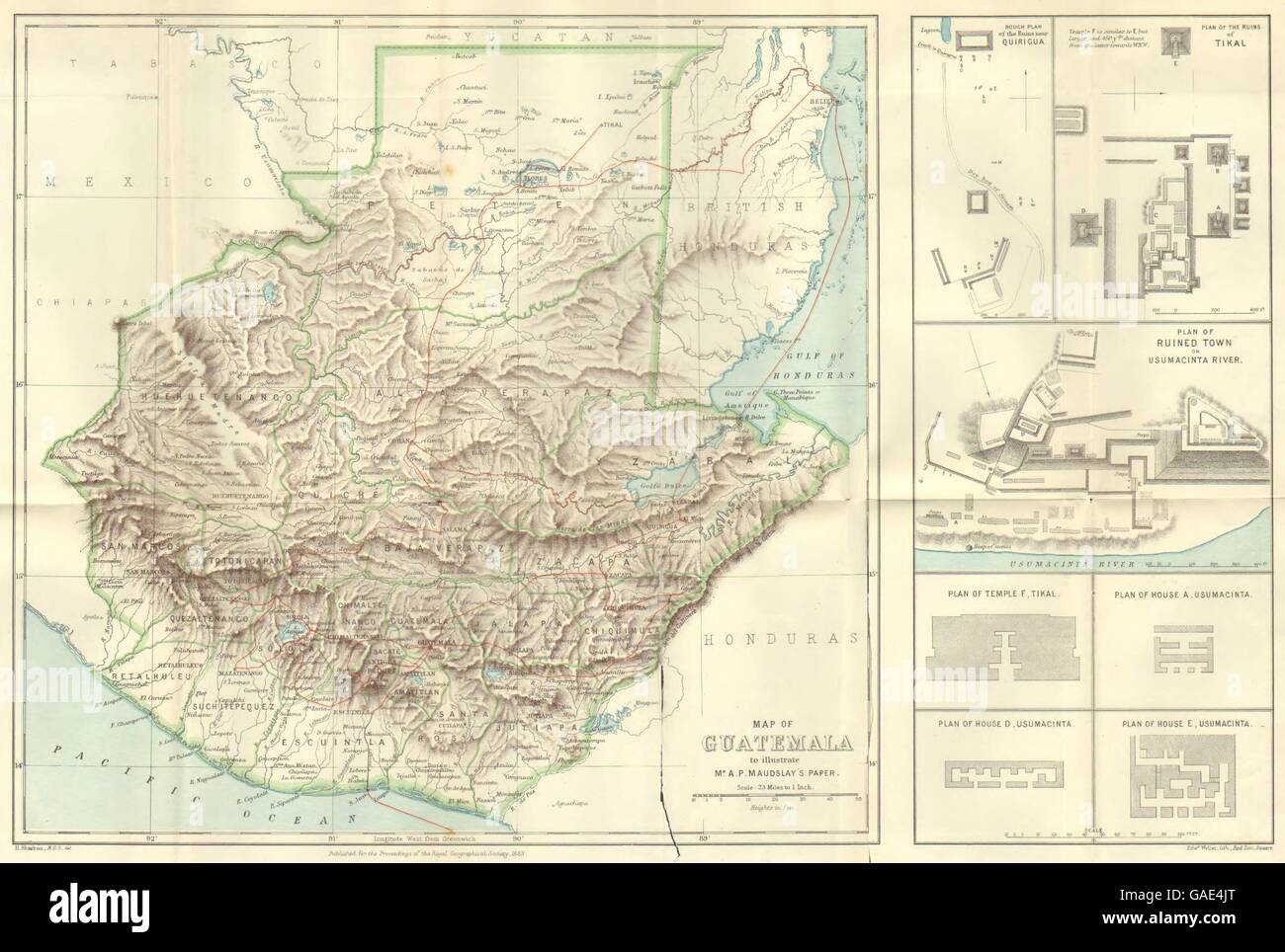 GUATEMALA MAP: & plan ruins Quirigua;Tikal; Usumacinta RGS map, 1883 Stock Photo