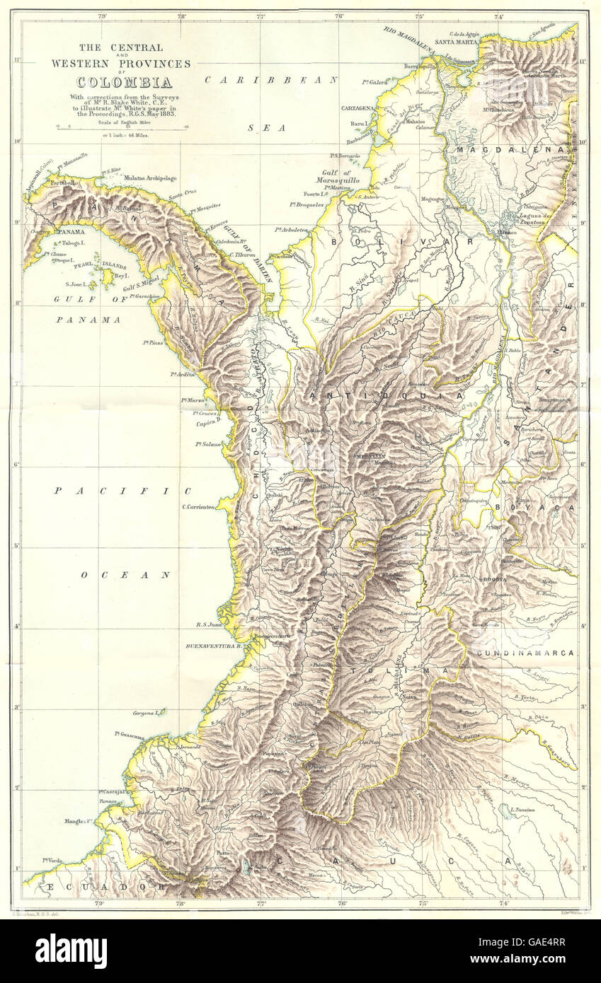 COLOMBIA: The central and Western provinces of Colombia. RGS map, 1883 Stock Photo