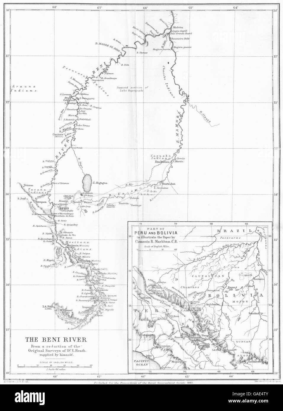 PERU: The Beni river; Inset map of Part of Peru and Bolivia. RGS map, 1883 Stock Photo