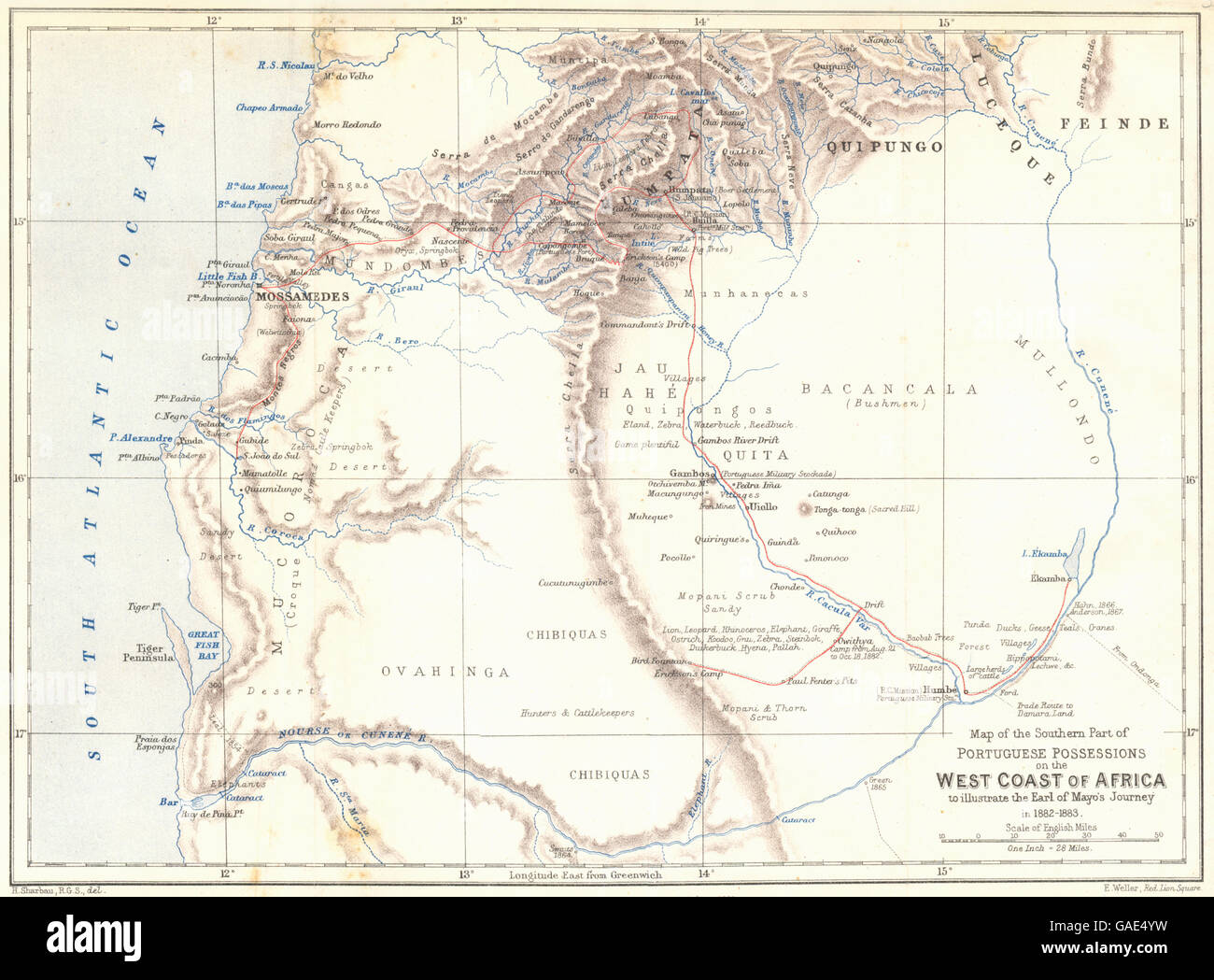 ANGOLA: Coast map. Portuguese Possessions. Namibe. Earl of Mayo. RGS map 1883 Stock Photo