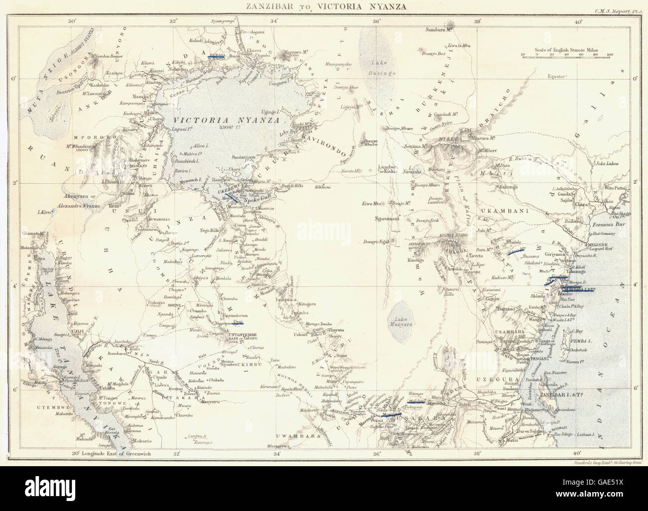 TANZANIA: Zanzibar to Victoria Nyanza. RGS map, 1883 Stock Photo