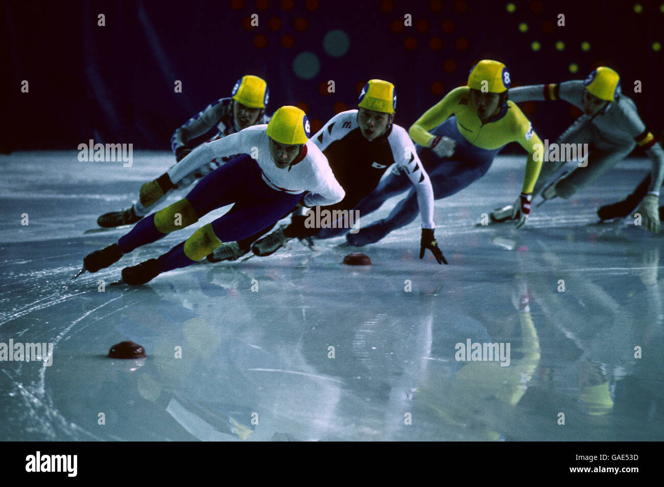 Winter Olympic Games 1988 - Calgary. Great Britain's Wilf O'Reilly leads during the Short Track Speed Skating. Stock Photo