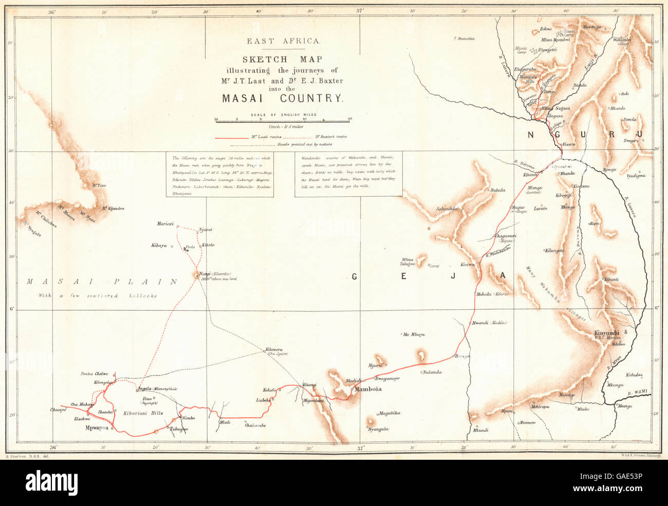 TANZANIA: Masai country. Geja Nguru. Last Baxter. RGS map, 1883 Stock Photo