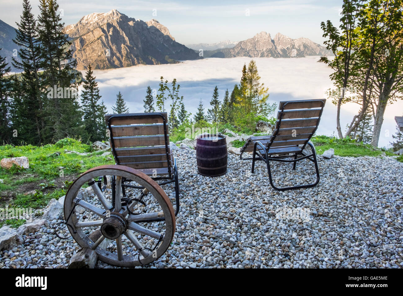 Ennstalerhütte, Old Wheel, Chairs, Outlook, Valley, Nationalpark Gesäuse, Styria, Austria Stock Photo