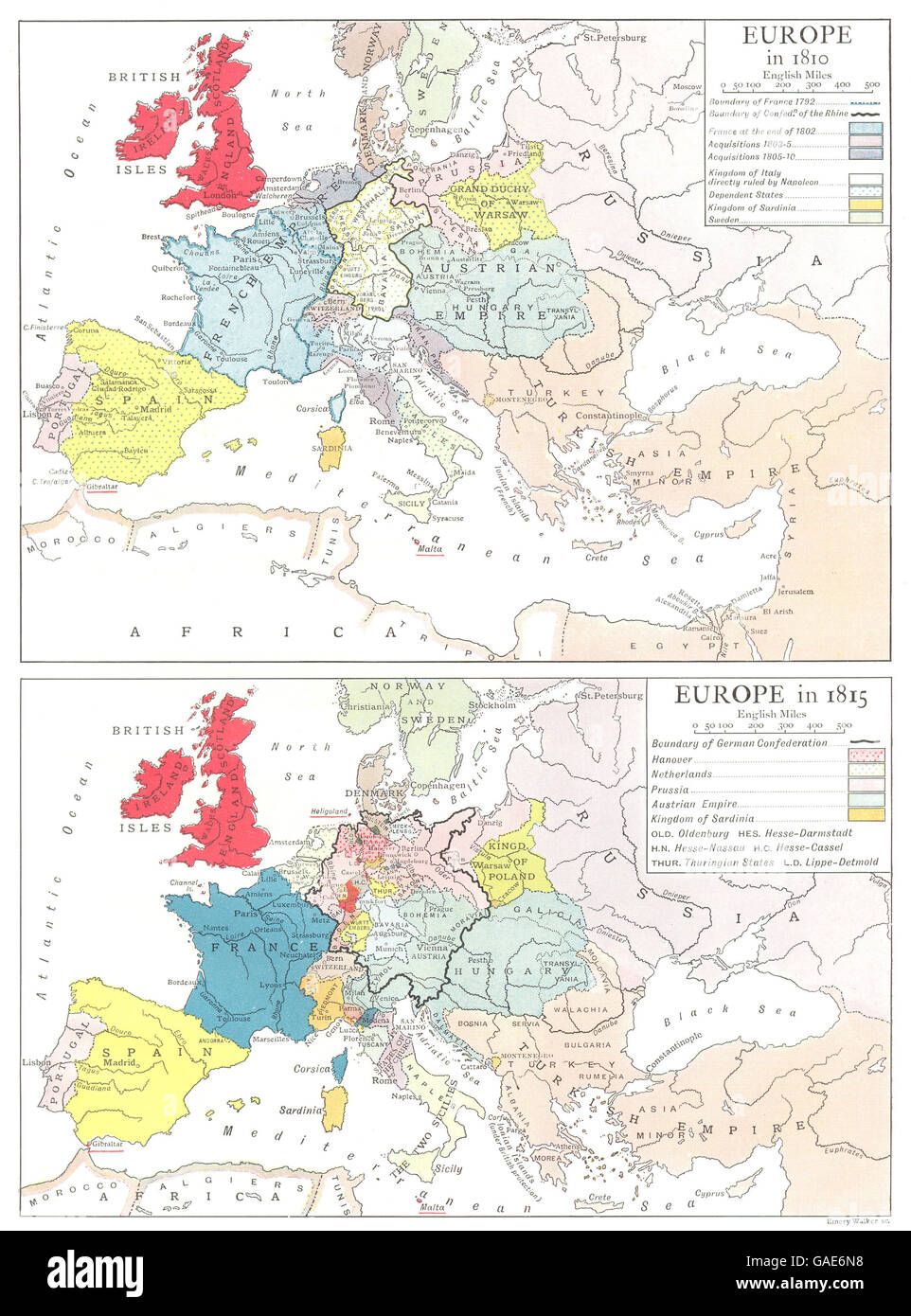 Europe Europe In 1810 Europe In 1815 1910 Antique Map Stock