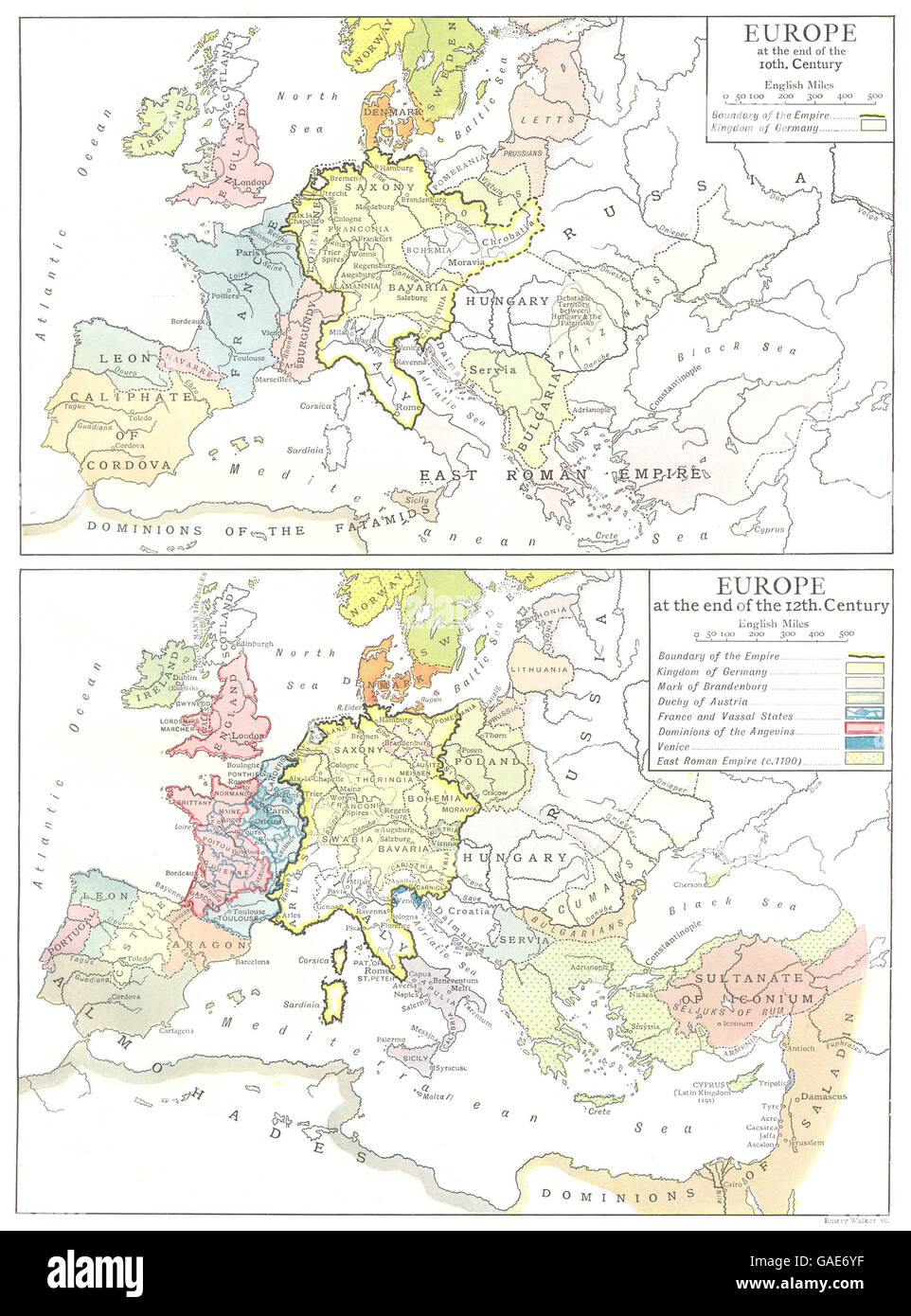 EUROPE: At end of 10th century; end of 12th century, 1910 antique map Stock Photo