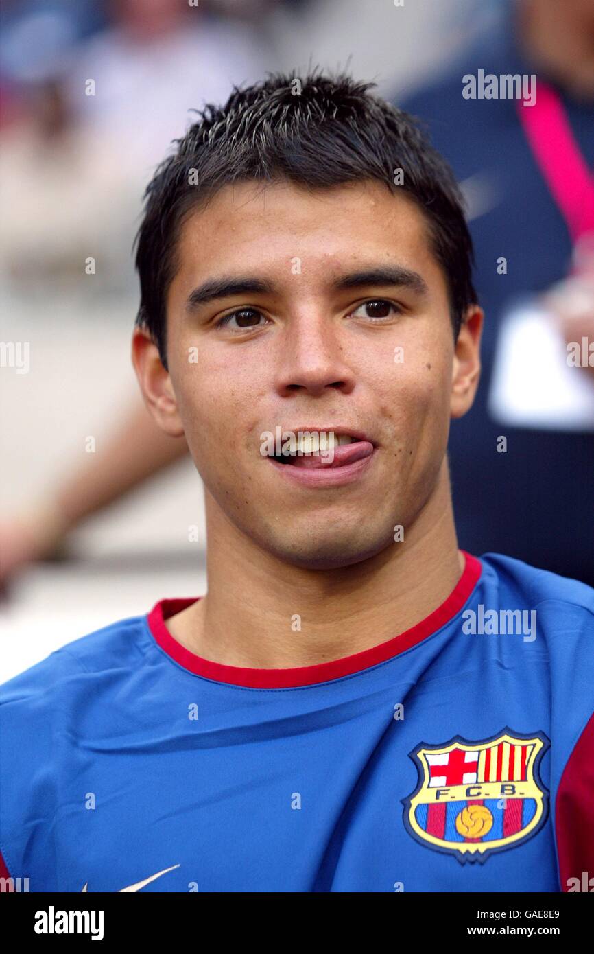 Barcelona's Javier Saviola watches the match from the bench before coming on as a substitute Stock Photo