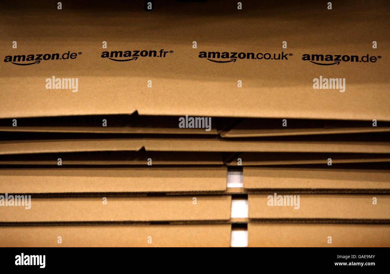 Amazon warehouse Milton Keynes. A stack of boxes at the Amazon.co.uk