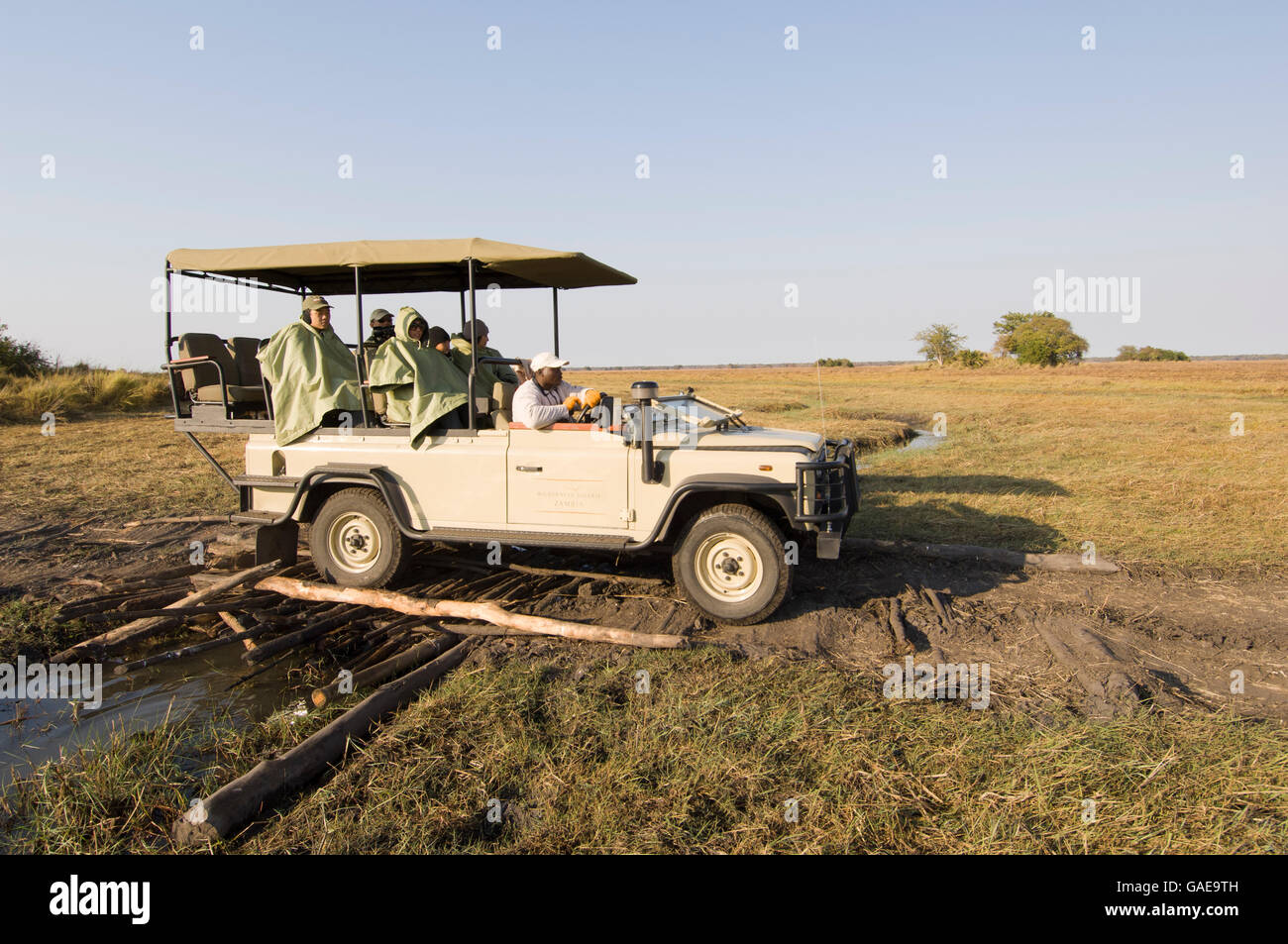 Safari jeep, Busanga Plains, Kafue National Park, Zambia, Africa Stock Photo