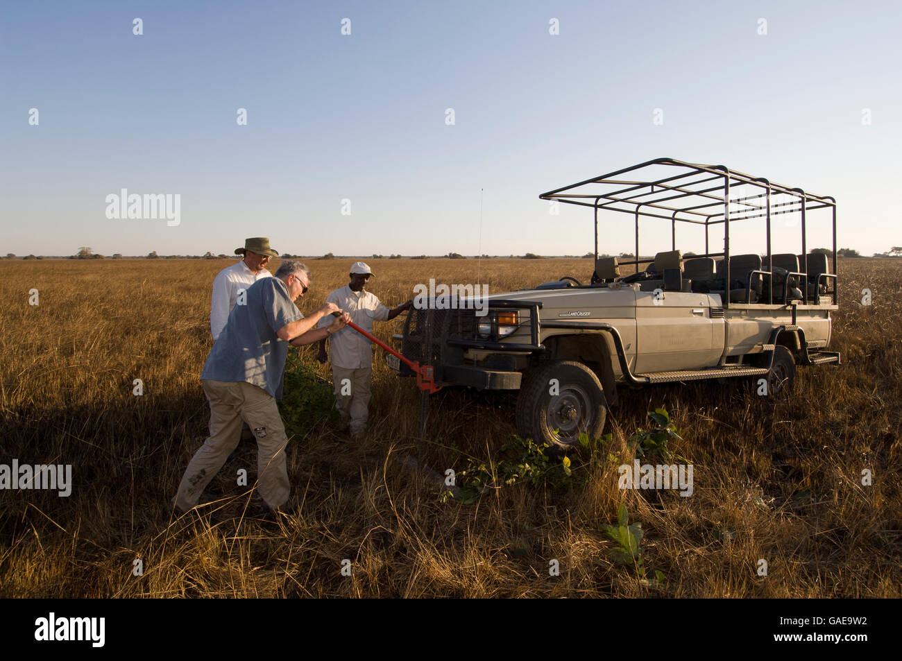 Safari truck in the mud, Busanga Plains, Kafue National Park, Zambia, Africa Stock Photo