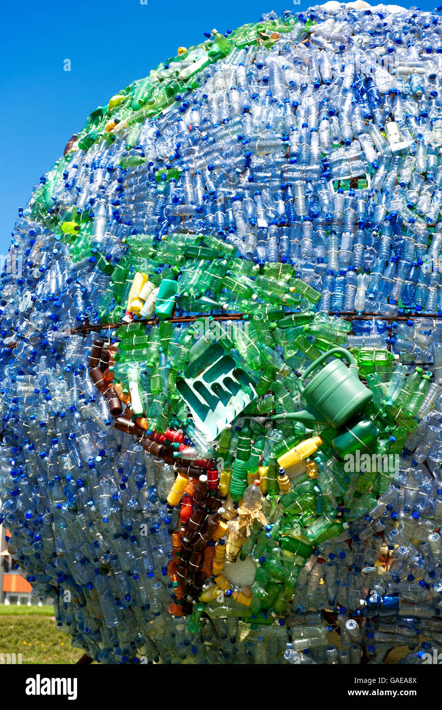 Globe made by Dutchman Peter Smit of some 6000 waste plastic bottles in order to focus on the global problem of plastic waste Stock Photo