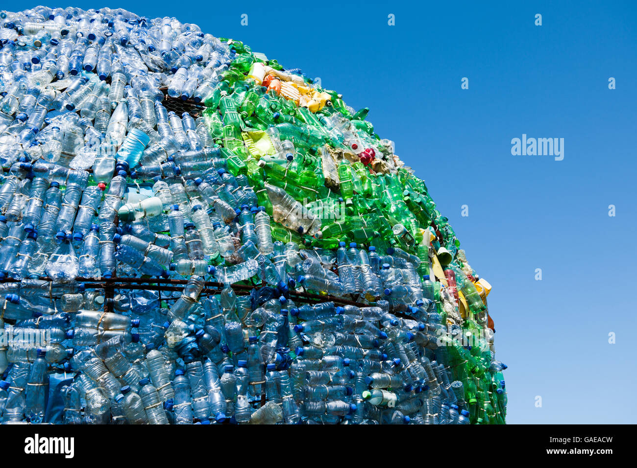 Globe made by Dutchman Peter Smit of some 6000 waste plastic bottles in order to focus on the global problem of plastic waste Stock Photo