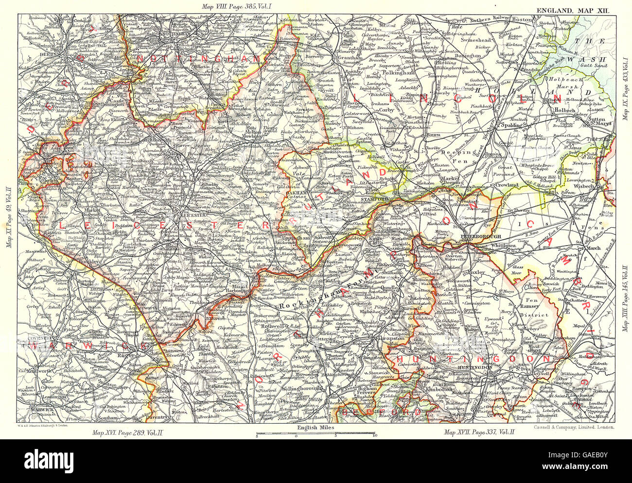 EAST MIDLANDS: Fens Northants Leics Rutland Lincs Huntingdonshire, 1893 map Stock Photo