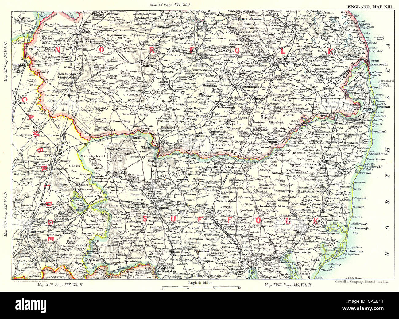 EAST ANGLIA: Suffolk Norfolk Broads Fens Cambridge Norwich Ipswich, 1893 map Stock Photo