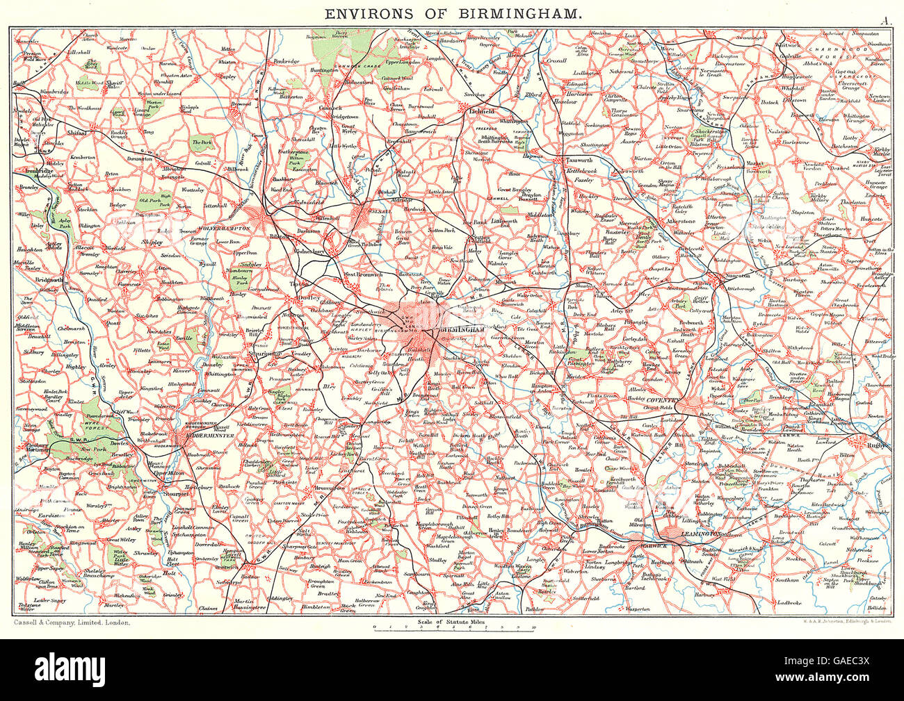 WEST MIDLANDS:Birmingham environs.Coventry Warwick Wolverhampton Rugby, 1893 map Stock Photo