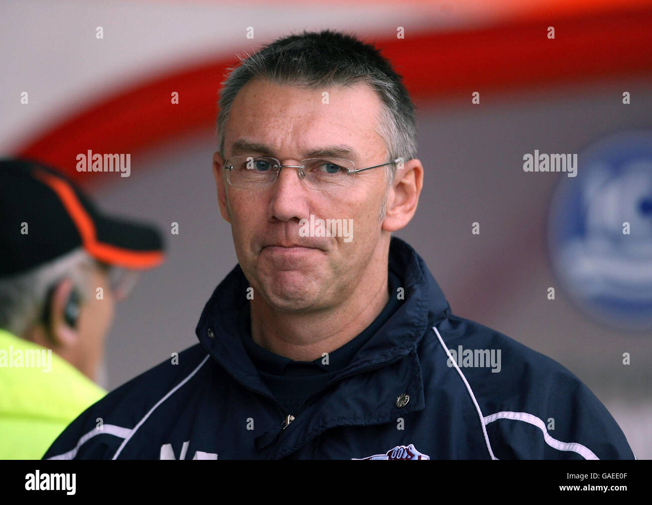 Scunthorpe United's manager Nigel Adkins appears dejected during the Coca-Cola Football League Championship match at Bloomfield Road, Blackpool. Stock Photo