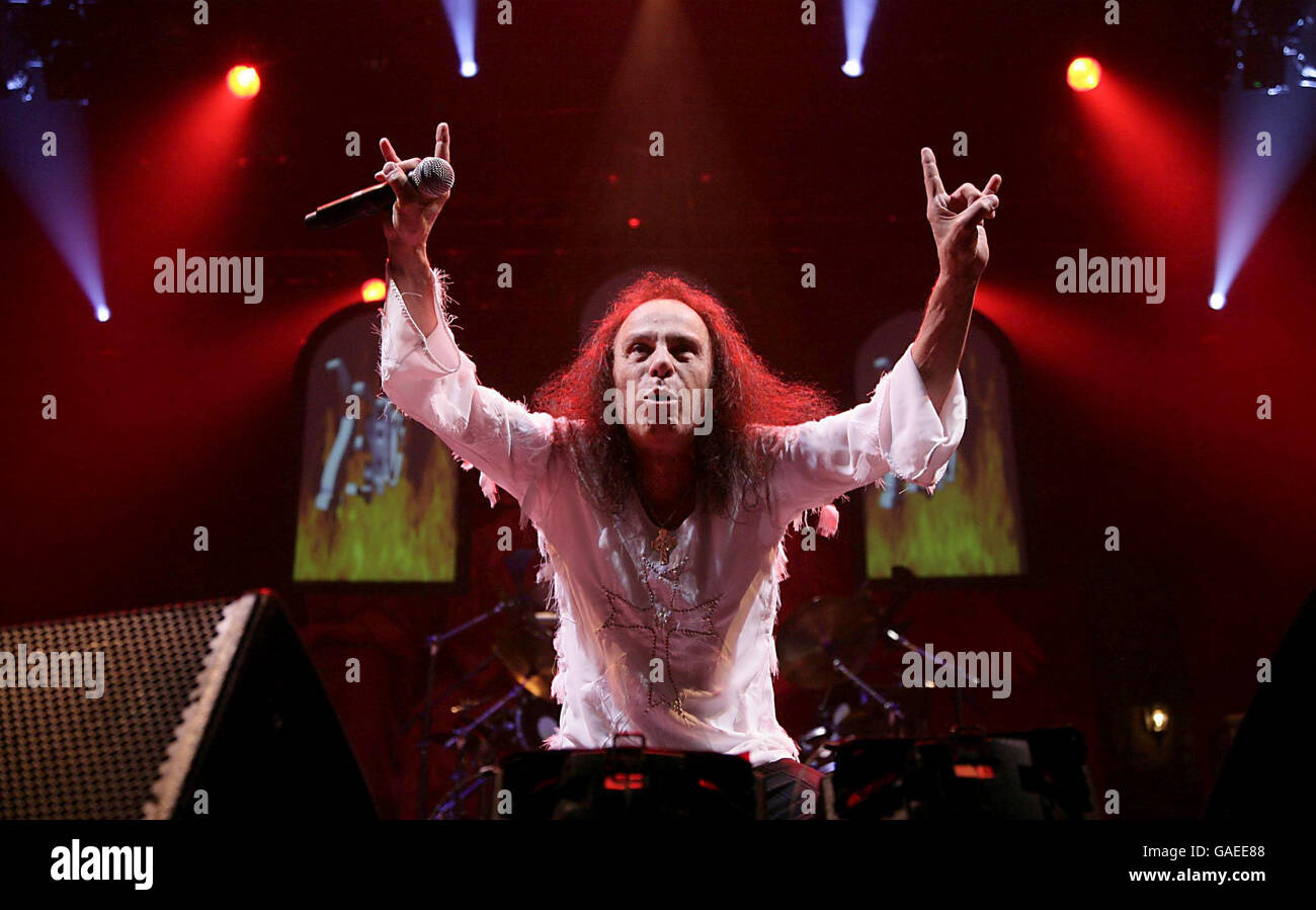Ronnie James Dio of Heaven and Hell performing live at Wembley Arena, north London. Stock Photo