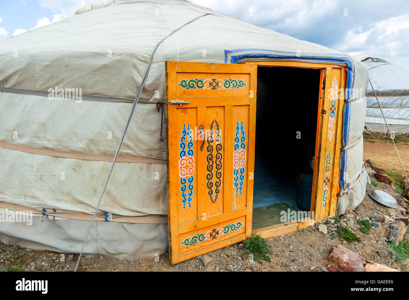 Mongolian yurt exterior, called a ger, on central Mongolian steppe Stock Photo