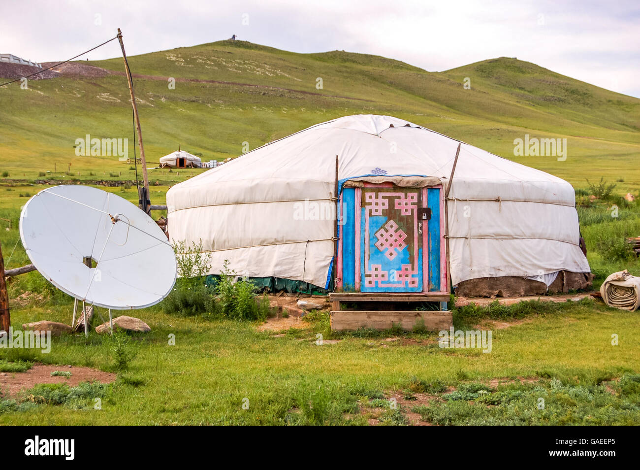 Mongolian yurt, called a ger, with satellite dish on central Mongolian steppe Stock Photo