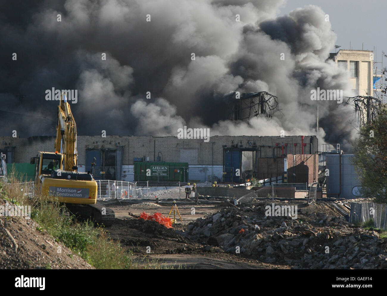 Fire in Stratford. Smoke bellows from a huge fire on the 2012 Olympic site in Stratford, east London. Stock Photo