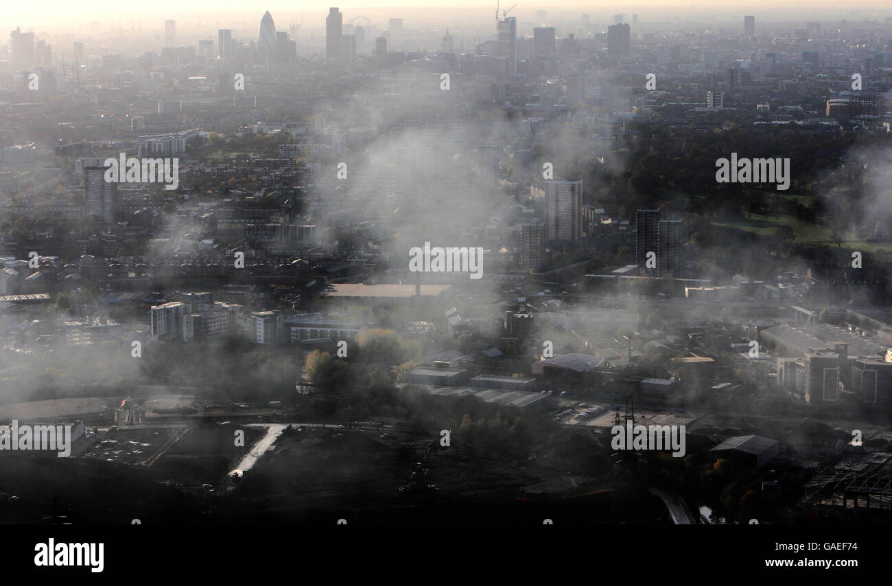 Aerial view of London as a plume of smoke spills out from a fire at a ...