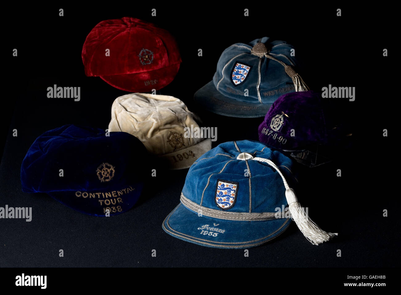 A selection of England caps from between 1904 and1970 on show at the  National Football Museum, Preston Stock Photo - Alamy