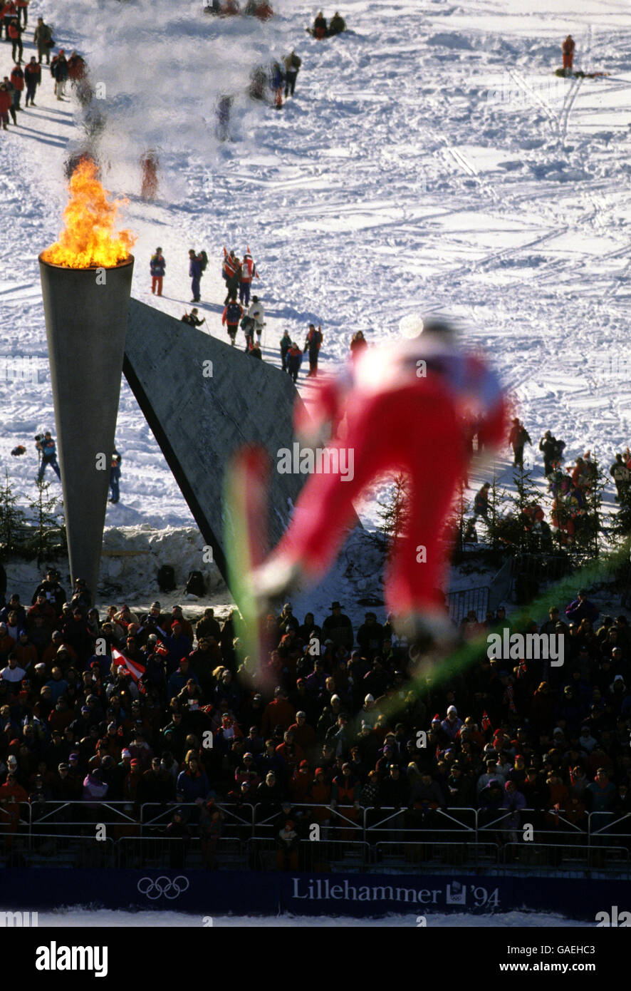 Winter Olympic Games 1994 - Lillehammer. Fans watch the team K120 Ski Jump Stock Photo
