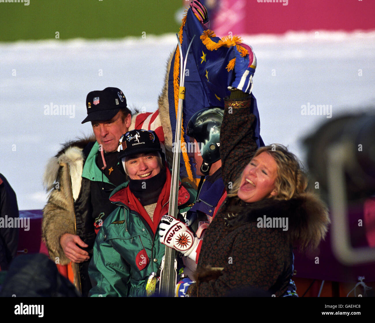 Winter Olympic Games 1994 - Lillehammer. USA's Tommy Moe, gold medalist in the mens Downhill meets Hillary Clinton, Wife of the US President. Stock Photo
