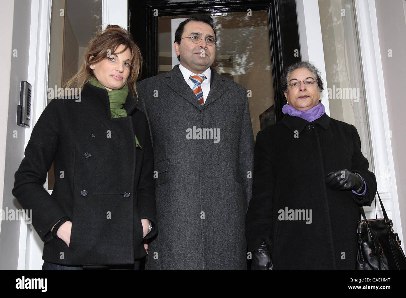 Jemima Khan (left), former wife of jailed Pakistani politician Imran Khan, with Dr Aamer Safraz (centre), who represents Pakistani academics and professionals and Pakistani Supreme Court Lawyer, Hina Jilani (right) outside the Pakistan High Commission in London, where she joined protesters calling for an end to the state of emergency and the release of all political prisoners in the country. Stock Photo