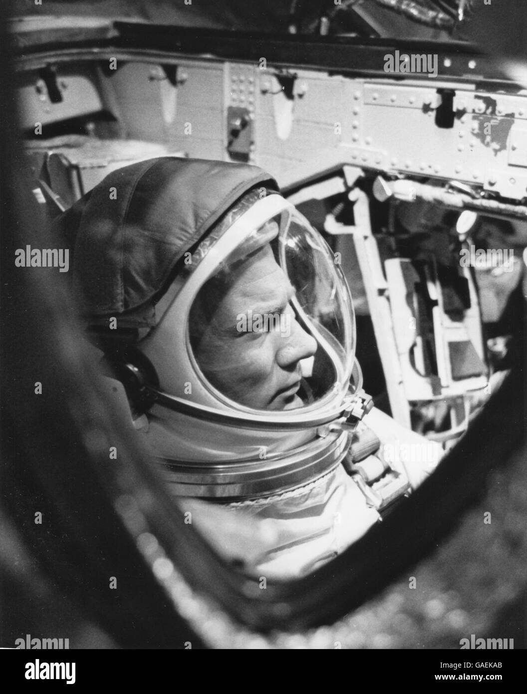 Gemini 12 Astronaut Edwin E. 'Buzz' Aldrin checks out spacecraft during a simulated test. Stock Photo