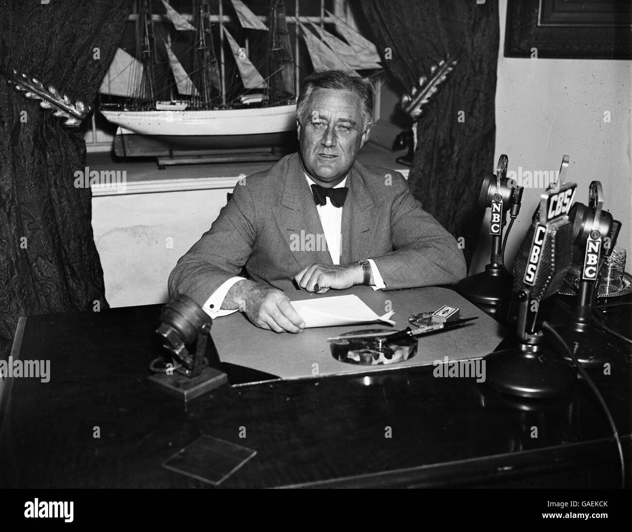 Portrait of Franklin Delano Roosevelt, just prior to making a radio speech. Stock Photo