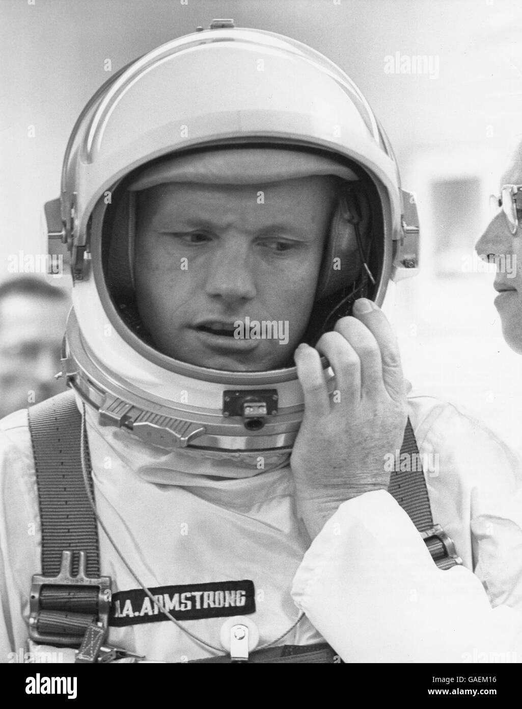 Gemini 8 Astronaut Neil A. Armstrong in his space helmet. Stock Photo