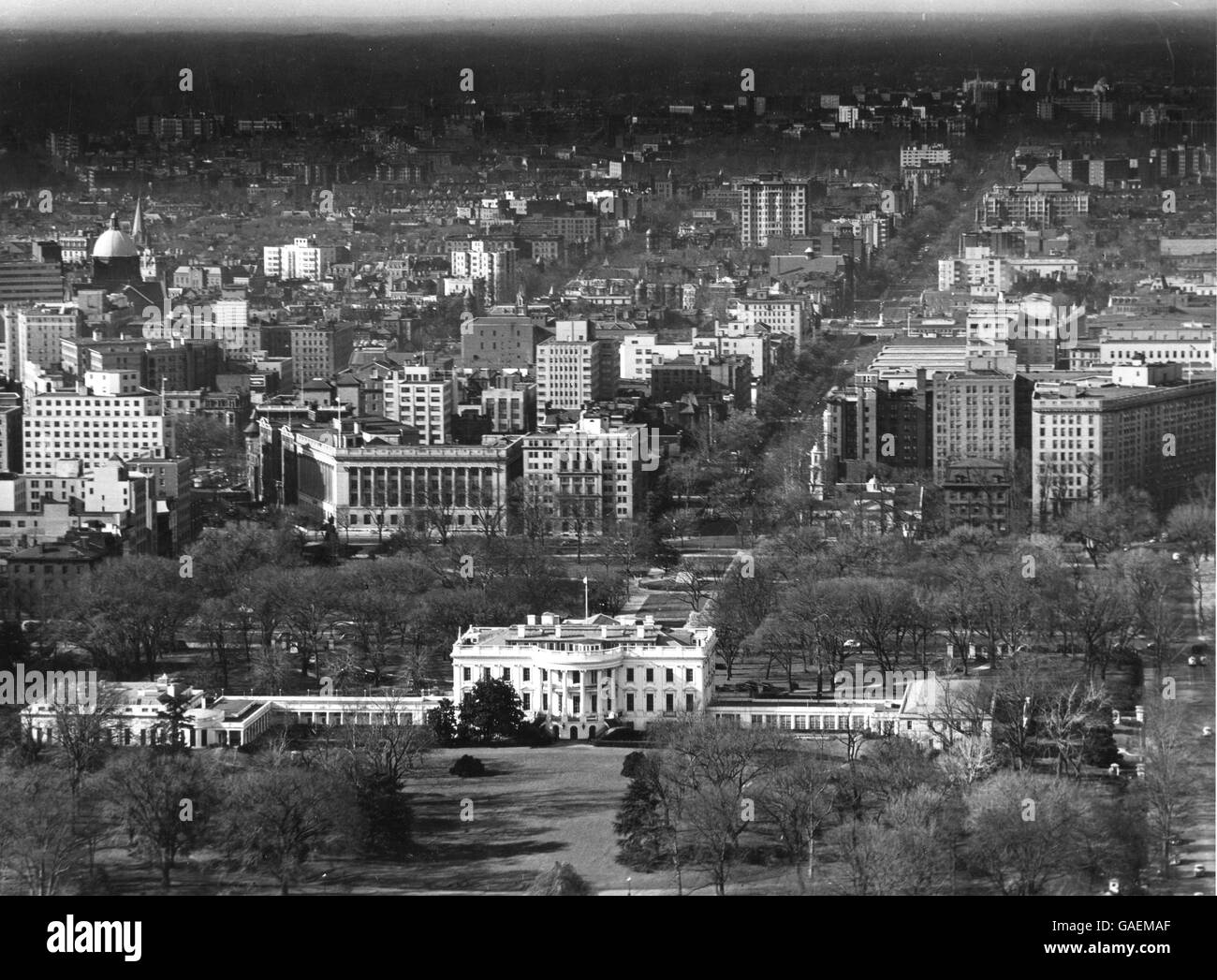 Telephoto view of the back of the White House and surrounding area. Stock Photo