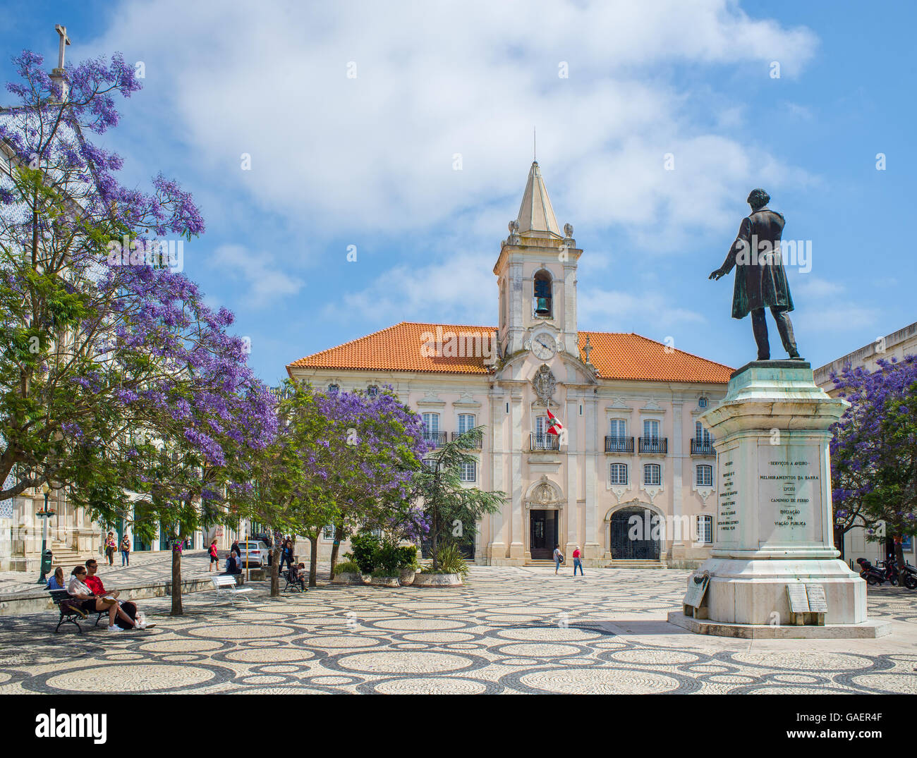 Camara Municipal de Aveiro (Common Hall)  and  Jose Estevao Magalhaes statue in Praca da Republica of Aveiro, Portugal. Stock Photo