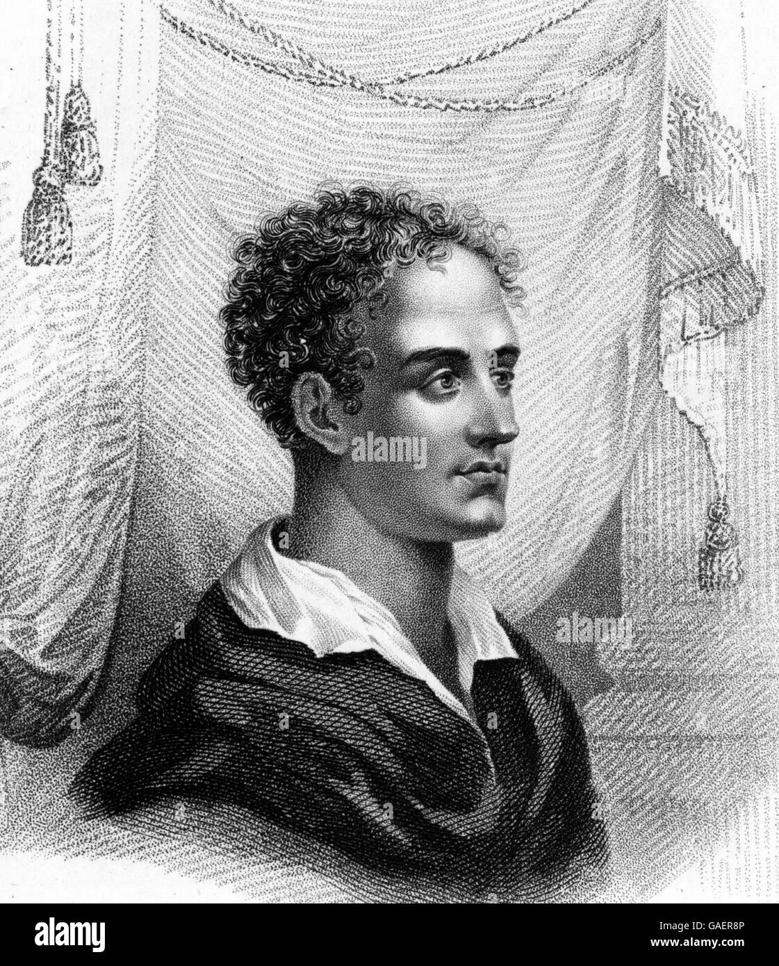 Lord Byron (1788-1824), an English poet and leading figure in the Romantic movement. Stipple engraving, illustrated by Thomas Addis Emmet, 1880 Stock Photo