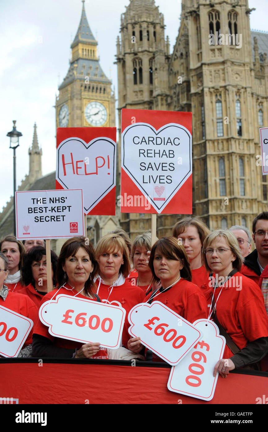 Heart patients, doctors and nurses demonstrate in Westminster today demanding the Government provides improved access to cardiac rehabilitation. Stock Photo