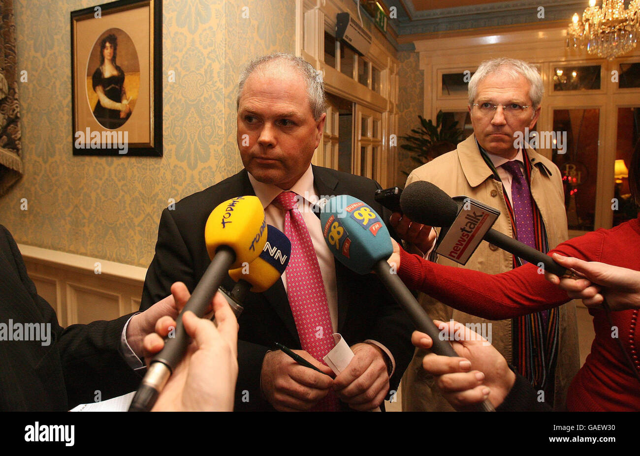 Jimmy Quinn of the Irish Road Haulage Association gives his reaction to the Budget in Buswells Hotel, Dublin. Stock Photo