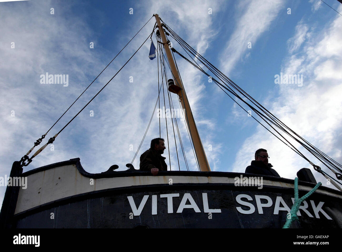 One of the last remaining Clyde puffers, the 'Vital Spark', returns to the birthplace of the puffer, the Clyde and Forth Canal, for the first time in more than 40 years to mark the iconic vessel's 150th anniversary. Stock Photo