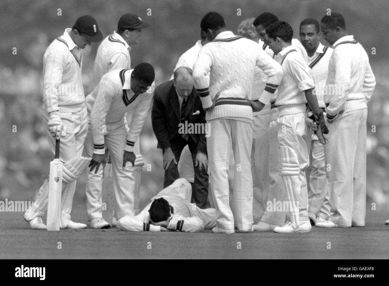 A crowd of anxious players surrounds Willie Rodriguez and Basil Butcher of the West Indies team who were knocked out when they collided as they went down for a catch from Ted Dexter in the match against the Duke of Norfolk's XI at Arundel Castle, Sussex. Stock Photo
