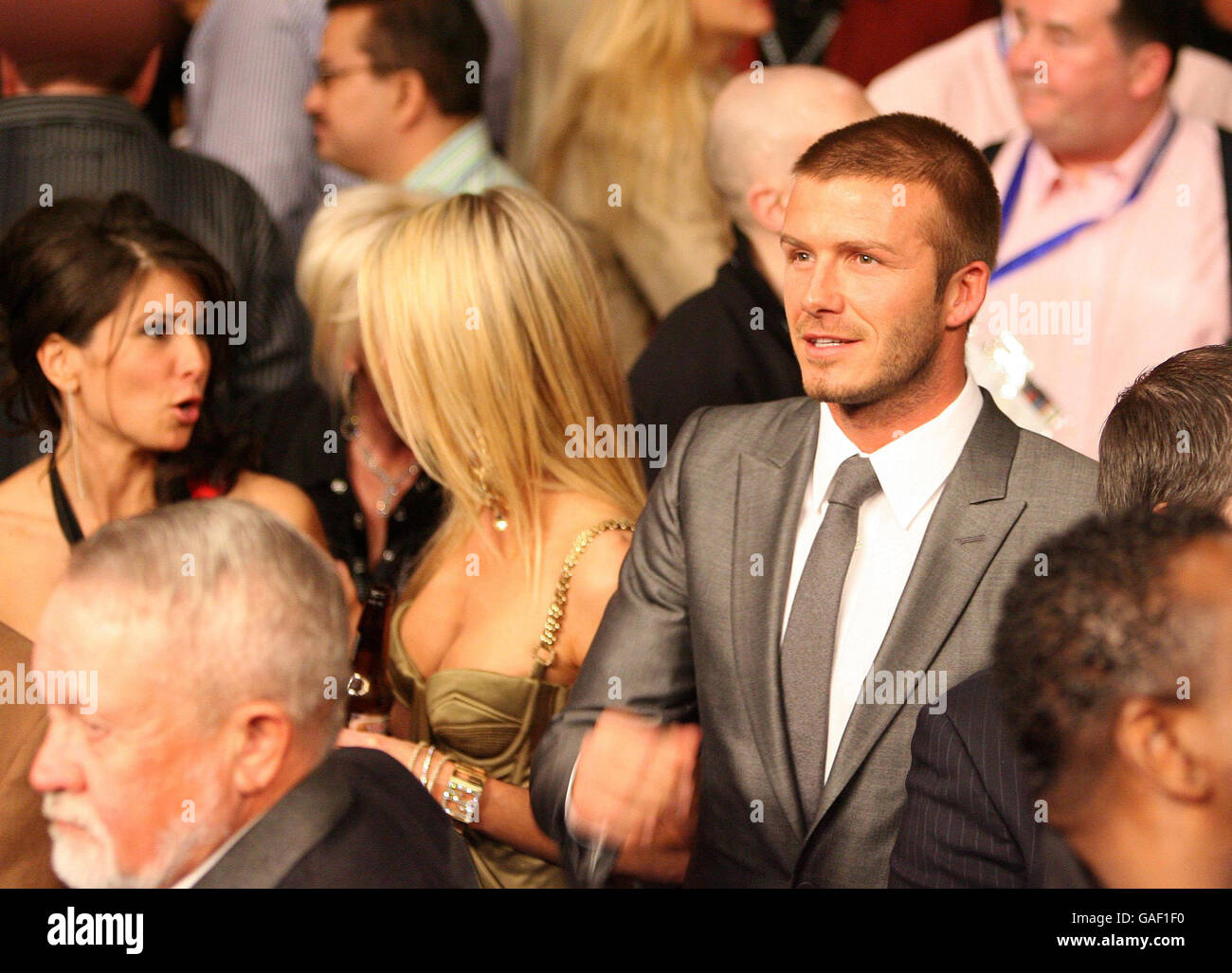 Football player David Beckham watches USAs Floyd Mayweather and Englands Ricky Hatton during the WBC Welterweight Title fight at the MGM Grand Garden Arena, Las Vegas, USA Stock Photo