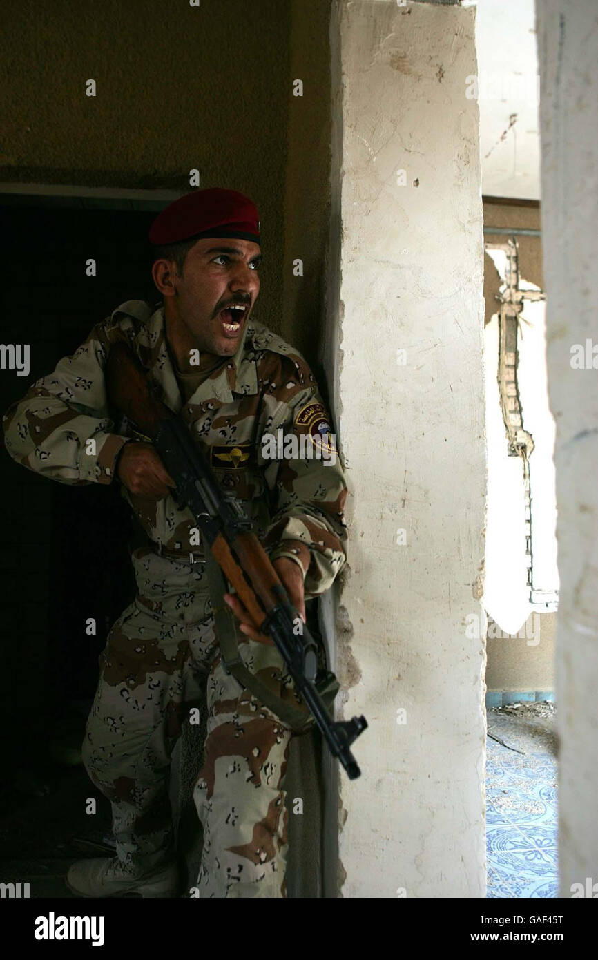 A recruit from the 3rd Battalion of the 1st Brigade of the 14th Division in the Iraqi Army during a training exercise in Shaibah Base in Southern Iraq. Sunday will see security control for the southern province handed back to the Iraqis. Stock Photo