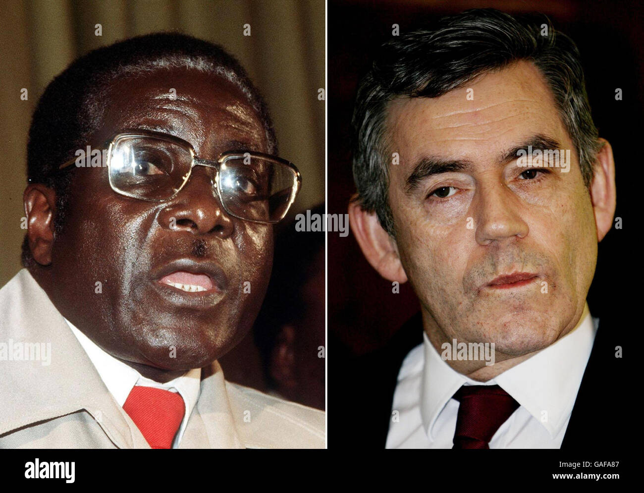 File photos of (left to right) Robert Mugabe and Gordon Brown. Leaders from the European Union and Africa will begin gathering today in Lisbon - without Gordon Brown. The Prime Minister is boycotting the EU-Africa summit in the Portuguese capital because Zimbabwe's President Robert Mugabe is attending. Stock Photo