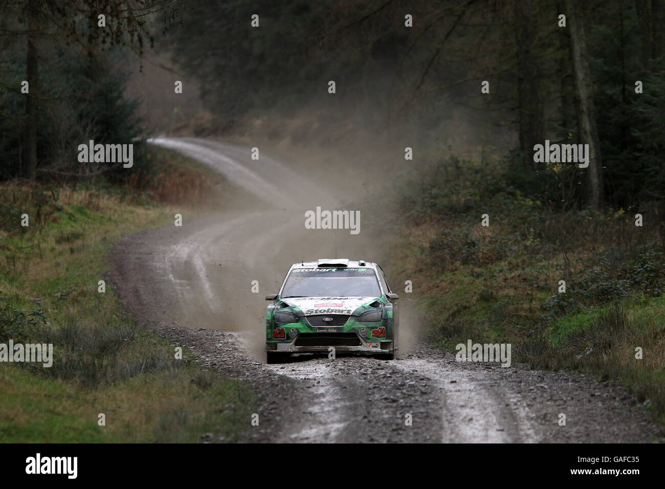 Jari-Matti Latvala of Finland in the Stobart VK M-Sport Ford Rally Team Ford Focus RS WRC in the Wales Rally GB. Stock Photo