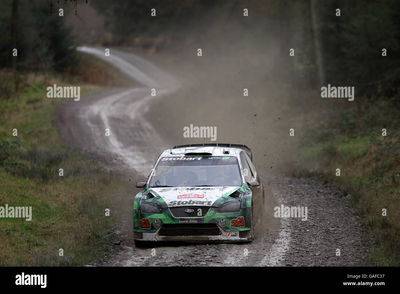 Jari-Matti Latvala of Finland in the Stobart VK M-Sport Ford Rally Team Ford Focus RS WRC in the Wales Rally GB. Stock Photo