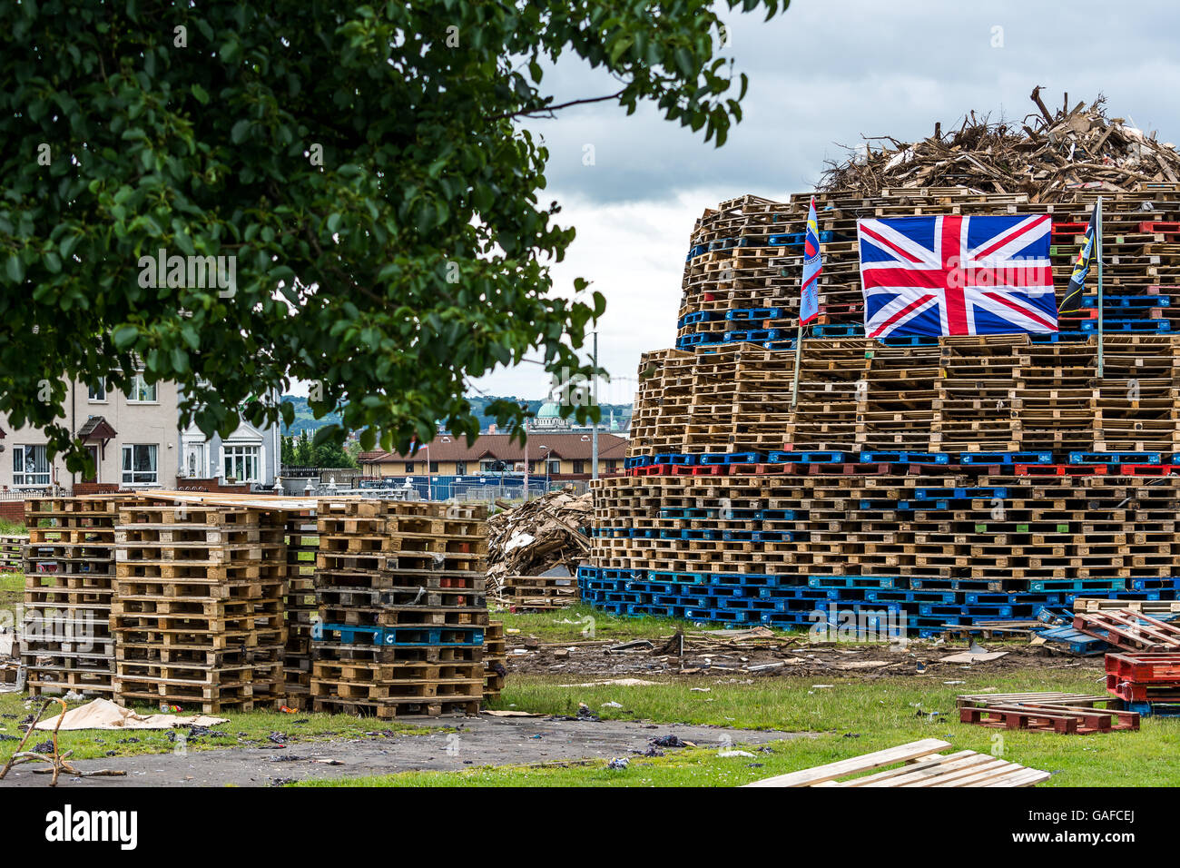 Lower Shankill bonfire being constructed July 2016. Stock Photo