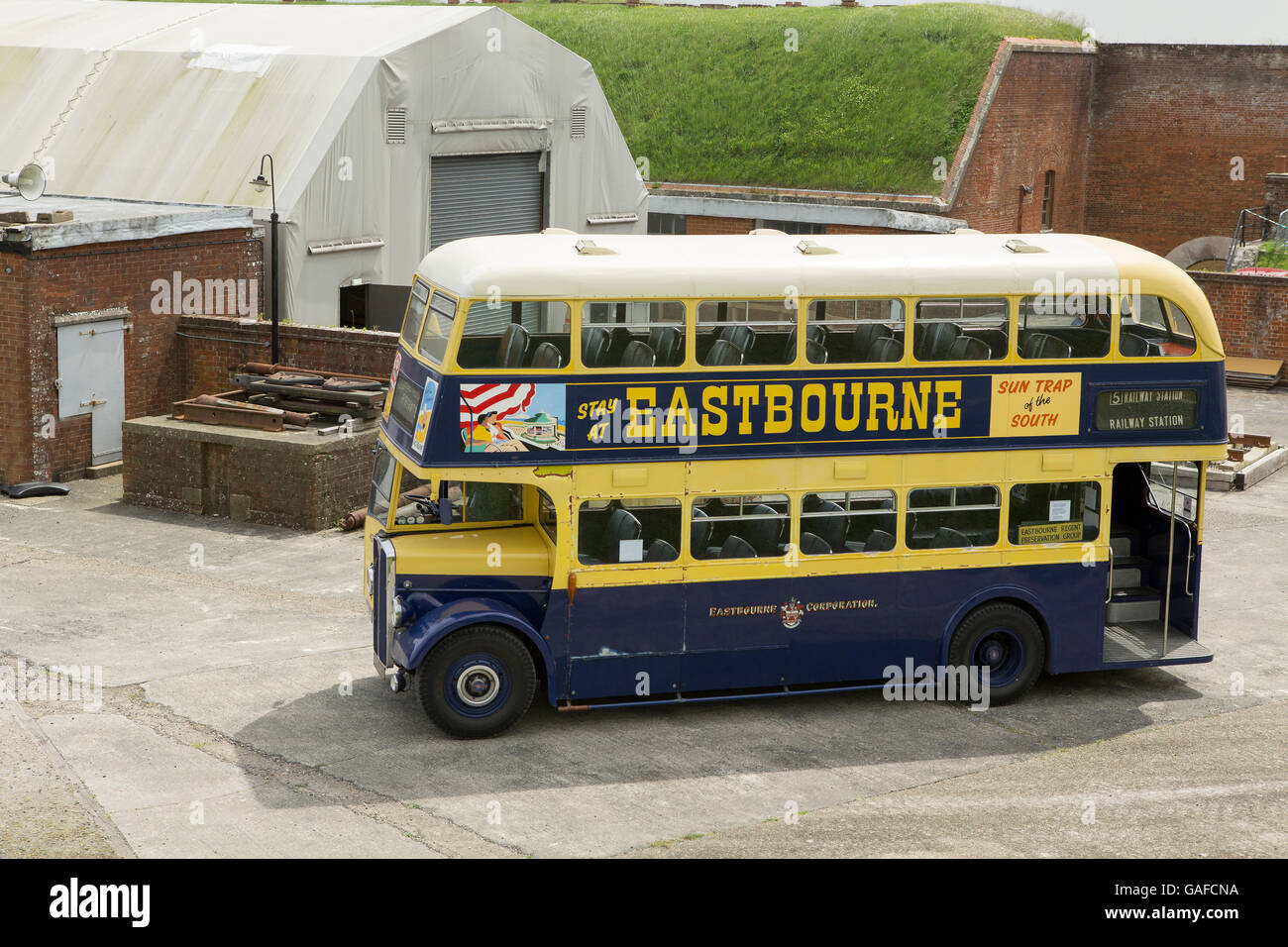 Double Decker Eastbourne vintage bus at an event at Fort Nelson near Portsmouth Hampshire. Old style rear open rear platform. Stock Photo