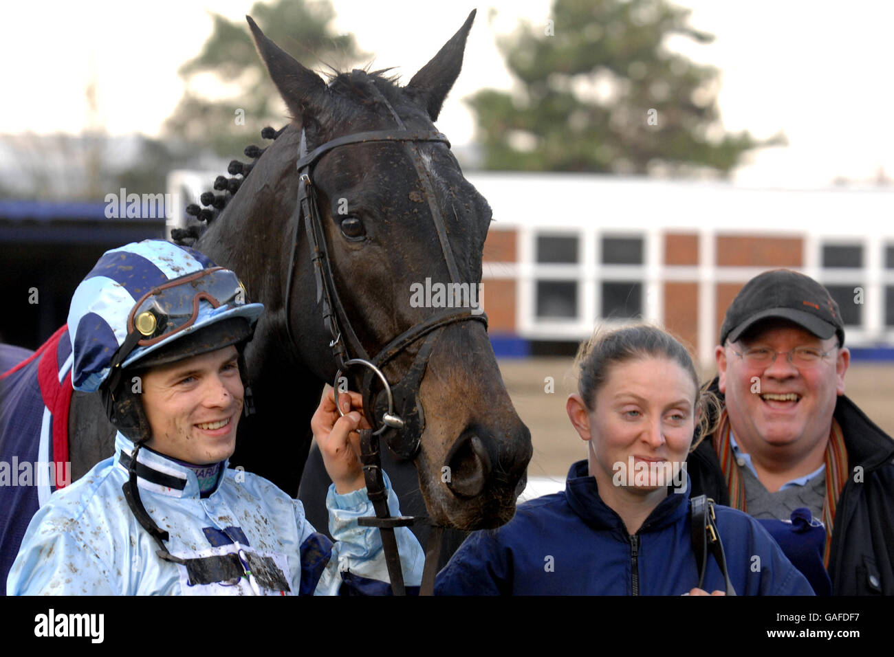 Horse Racing - Hennessy Winter Festival Sunday - Newbury Racecourse. Officier de Reserve ridden with jockey Sam Thomas (l) after winning in the Grundon Recycle Handicap Steeple Chase (class 3) Stock Photo