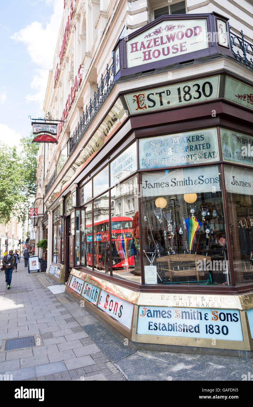 Exterior of James Smith & Sons Umbrella Shop, New Oxford Street, London, England, UK Stock Photo