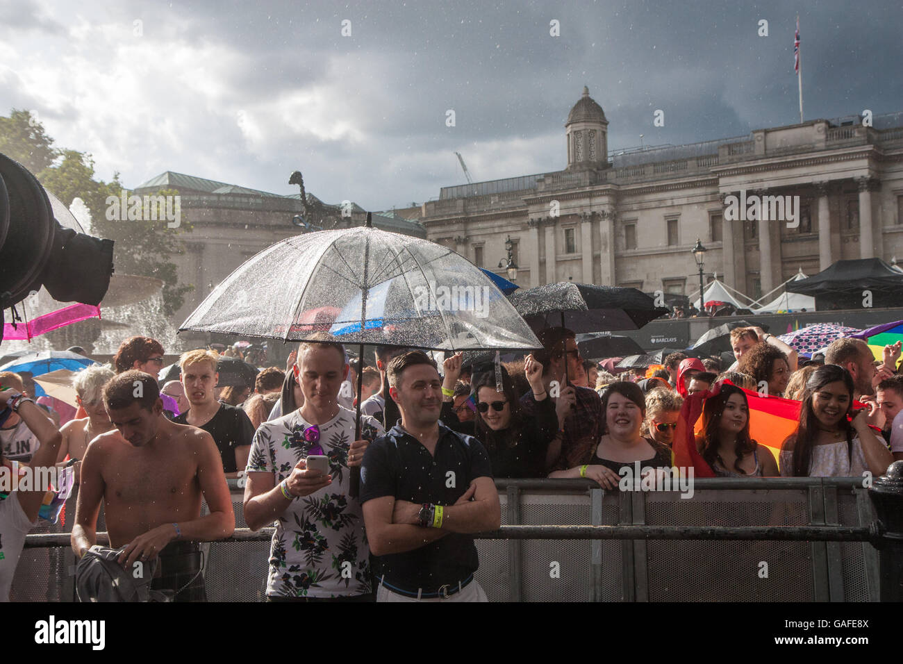 Rain in Trafalgar Square during Pride in London 2016 Stock Photo