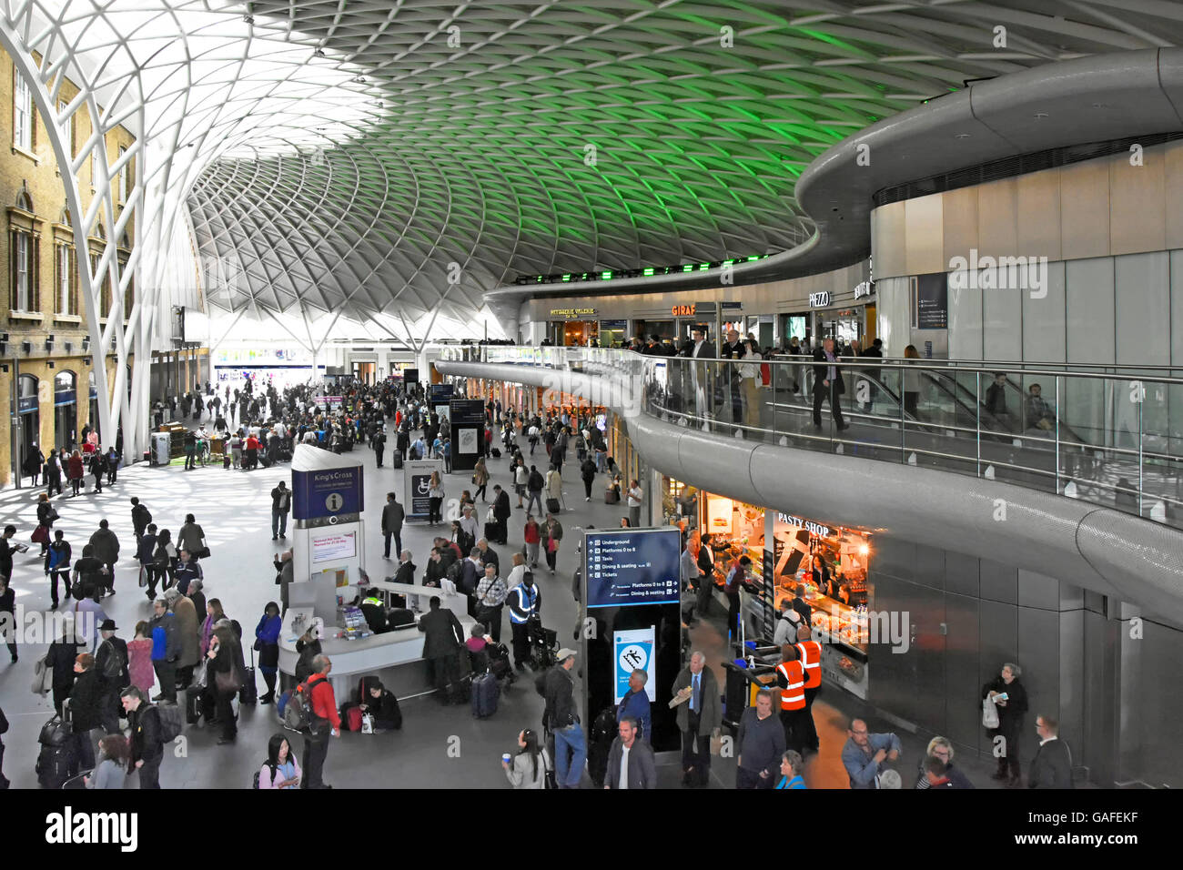 Kings Cross Railway Station with green ceiling lights above the
